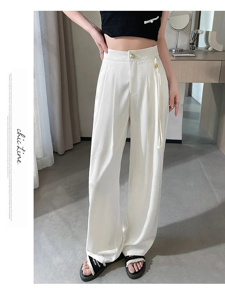 Chinese Style Jacquard Wide Leg Satin Pants – Women